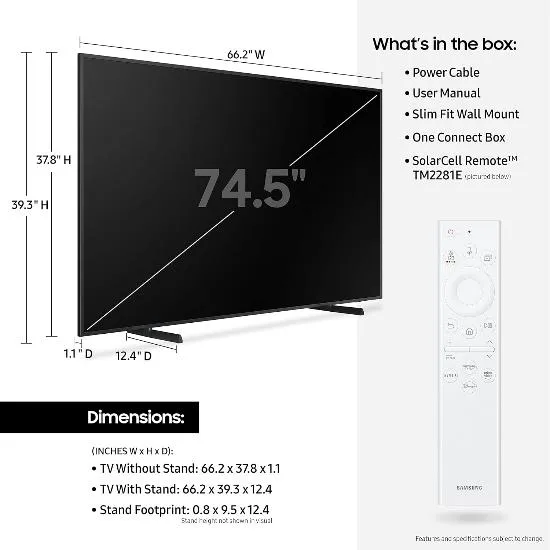 Samsung The Frame Art LED 75Inch, Smart, QLED, 4 HDMI, 2 USB, HDR10 